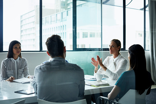 Businesswoman having discussion with team