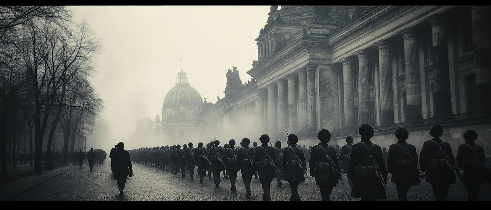 Line of soldiers marching along a misty cobblestone street beside a grand neoclassical building with a dome in the background.
