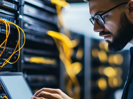 IT technician with glasses and beard using a laptop in a server room with yellow network cables