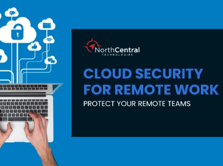 Banner showing hands typing on a laptop with cloud-security icons and a dark blue panel reading 'Cloud Security for Remote Work — Protect Your Remote Teams' (NorthCentral Technologies)