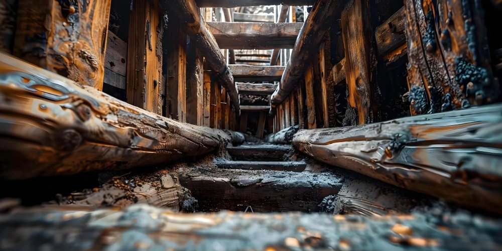 Low-angle view down a rusted, decayed mining tunnel with weathered wooden supports and dirt-streaked rails extending ahead.