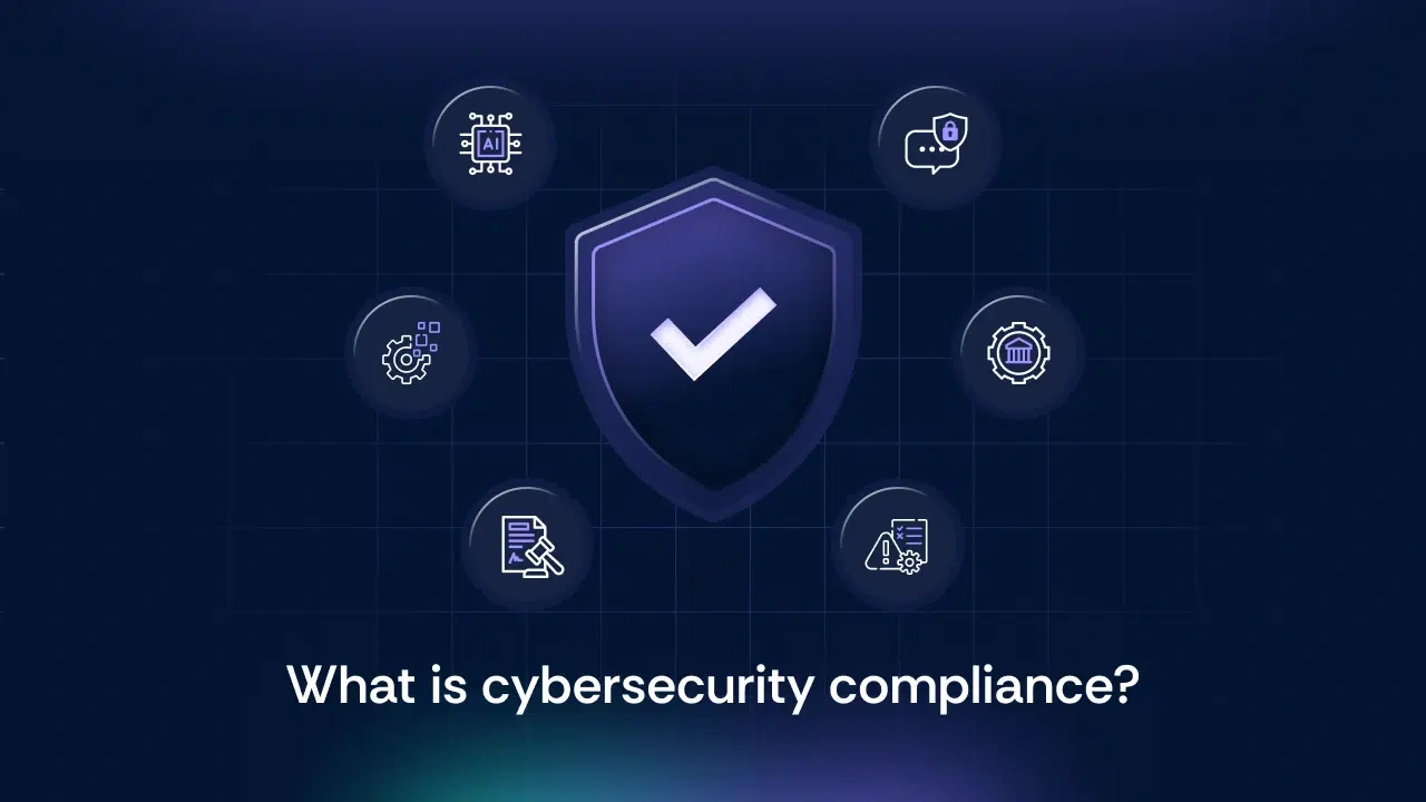 Blue shield with a white checkmark at center, six circular security icons around it on a dark grid; caption reads 'What is cybersecurity compliance?'