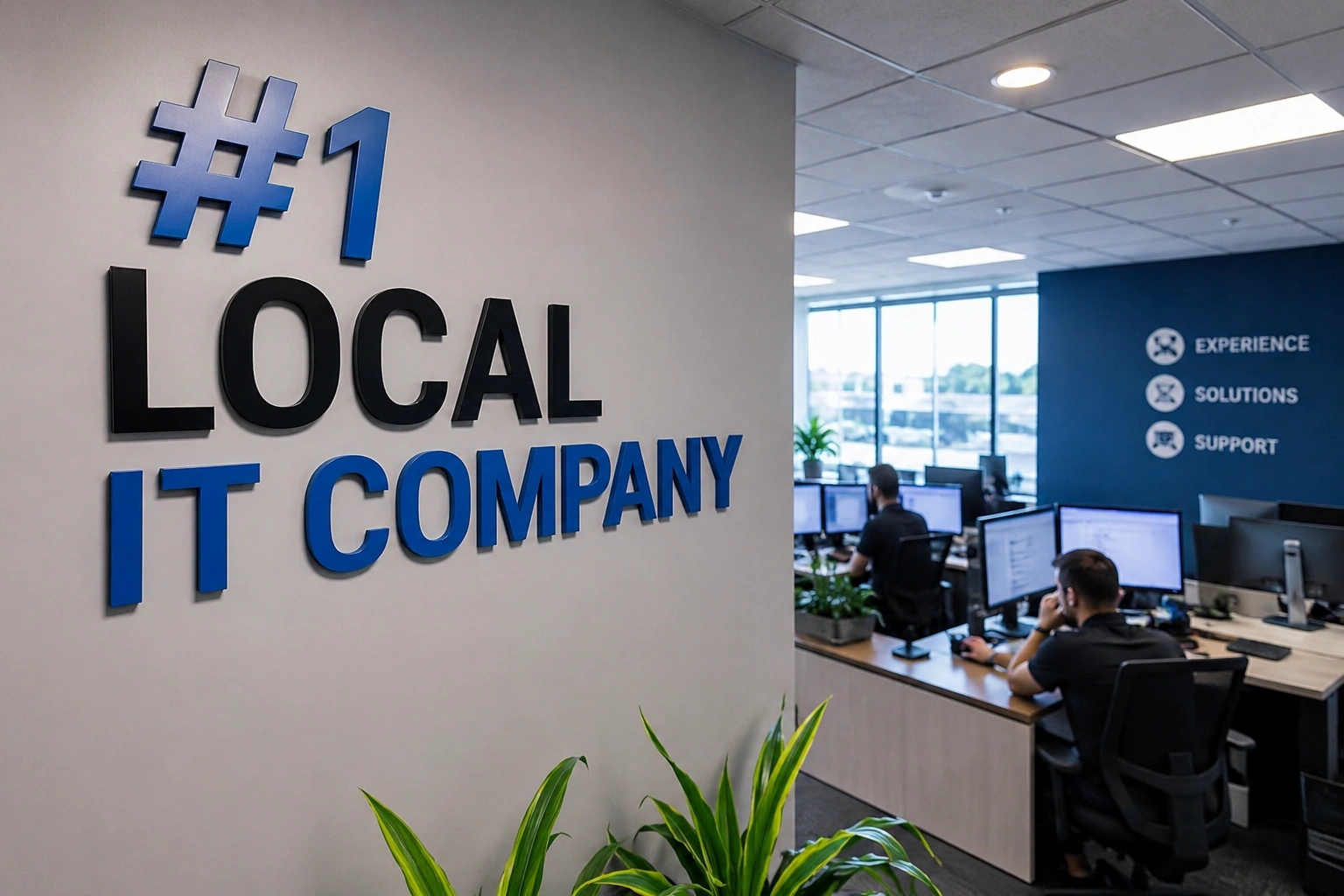 Office lobby with a wall sign reading '#1 LOCAL IT COMPANY' in bold black and blue letters as people work at computer desks nearby.
