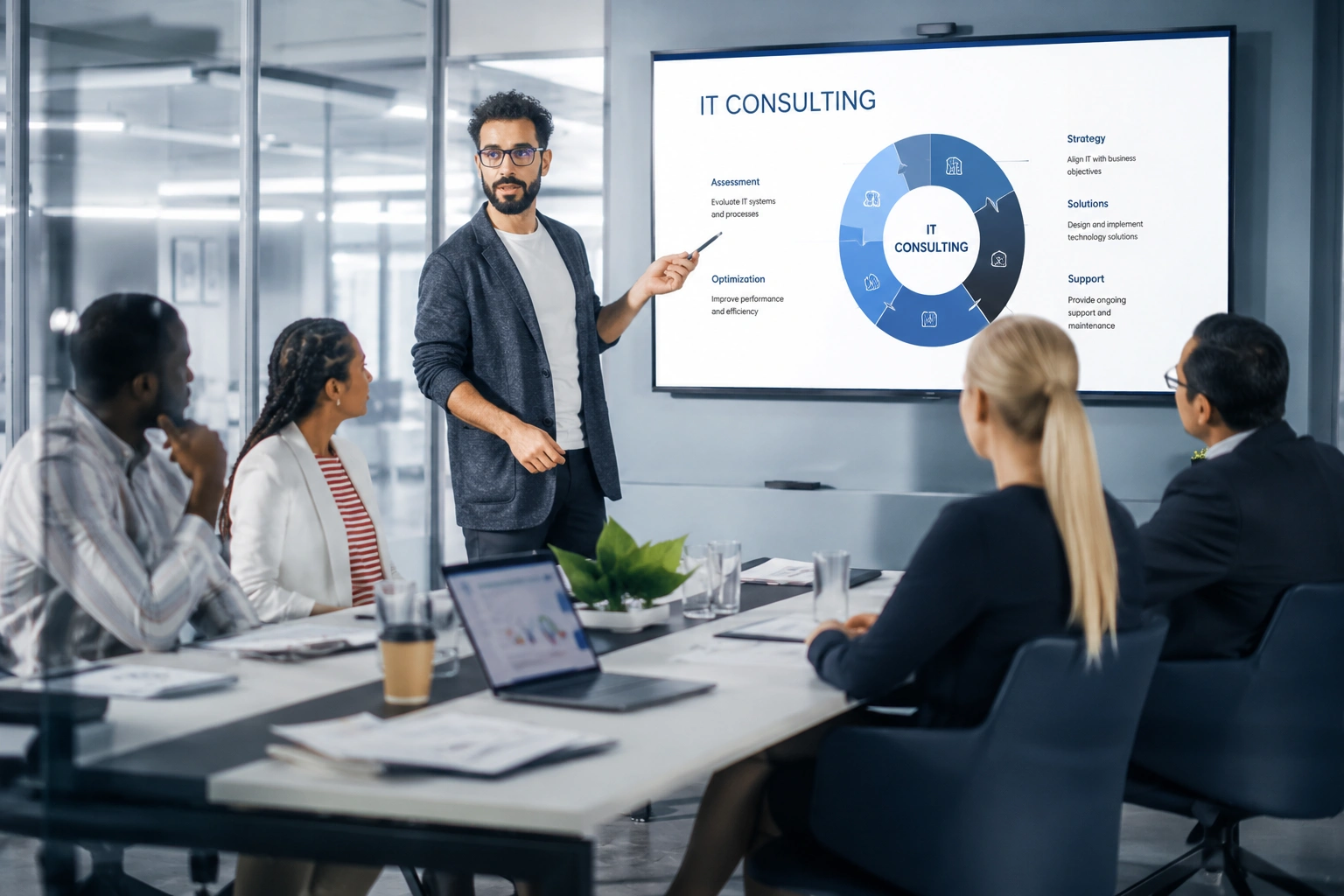 Presenter explaining an IT consulting diagram on a large screen to a diverse conference room audience.
