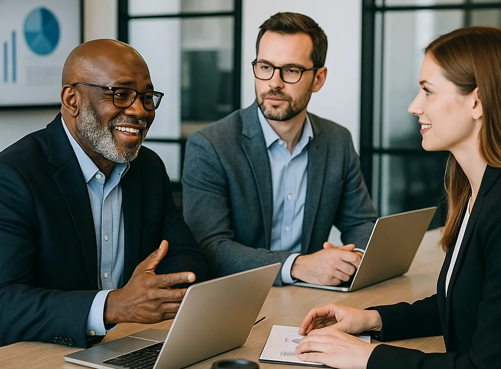Three professionals in a business meeting: a smiling African American man with glasses speaks while two colleagues listen, each with a laptop in front of them.