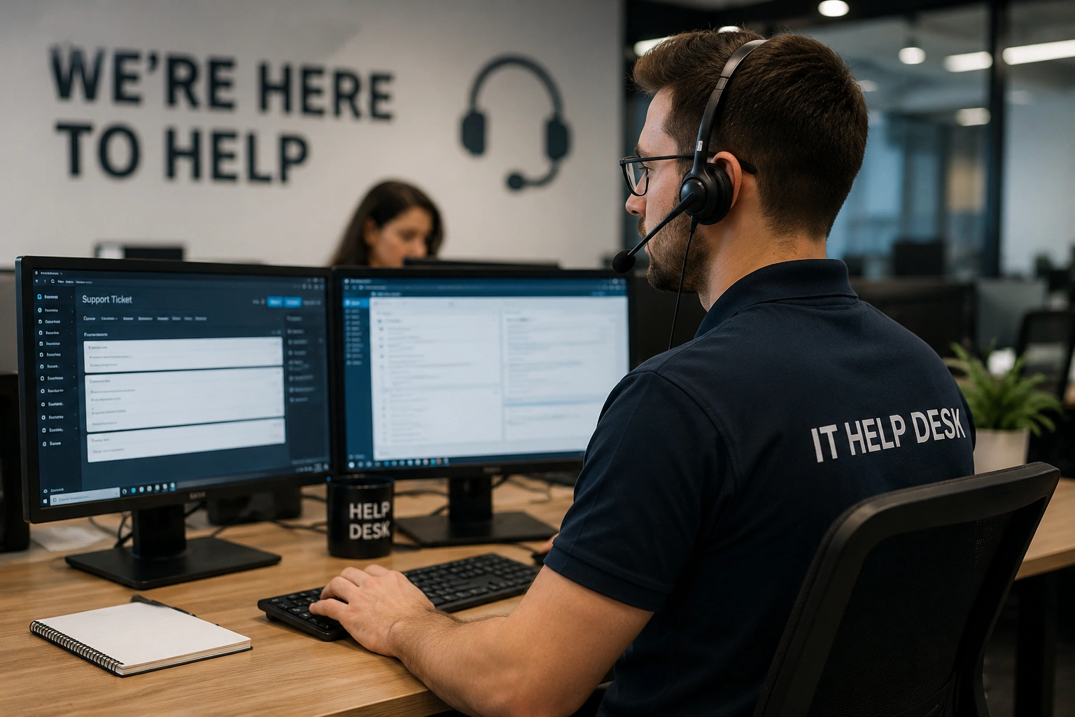 IT help desk agent wearing a headset at a dual-monitor workstation, typing on a keyboard.
