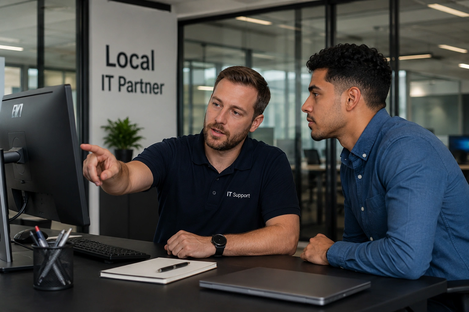 Two IT support colleagues review something on a computer monitor at a desk in a modern office, one pointing at the screen.