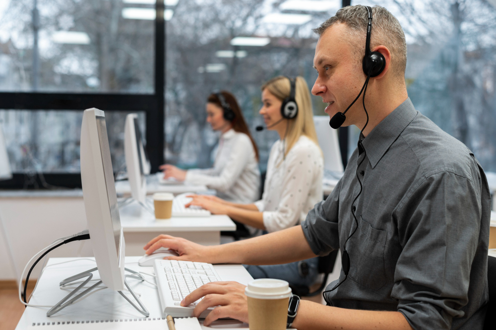 Customer service agents wearing headsets work at computers in a bright call center.