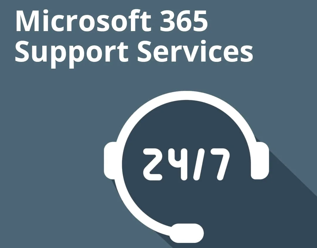 Microsoft 365 Support Services banner with 24/7 headset icon and teal background, indicating round-the-clock help