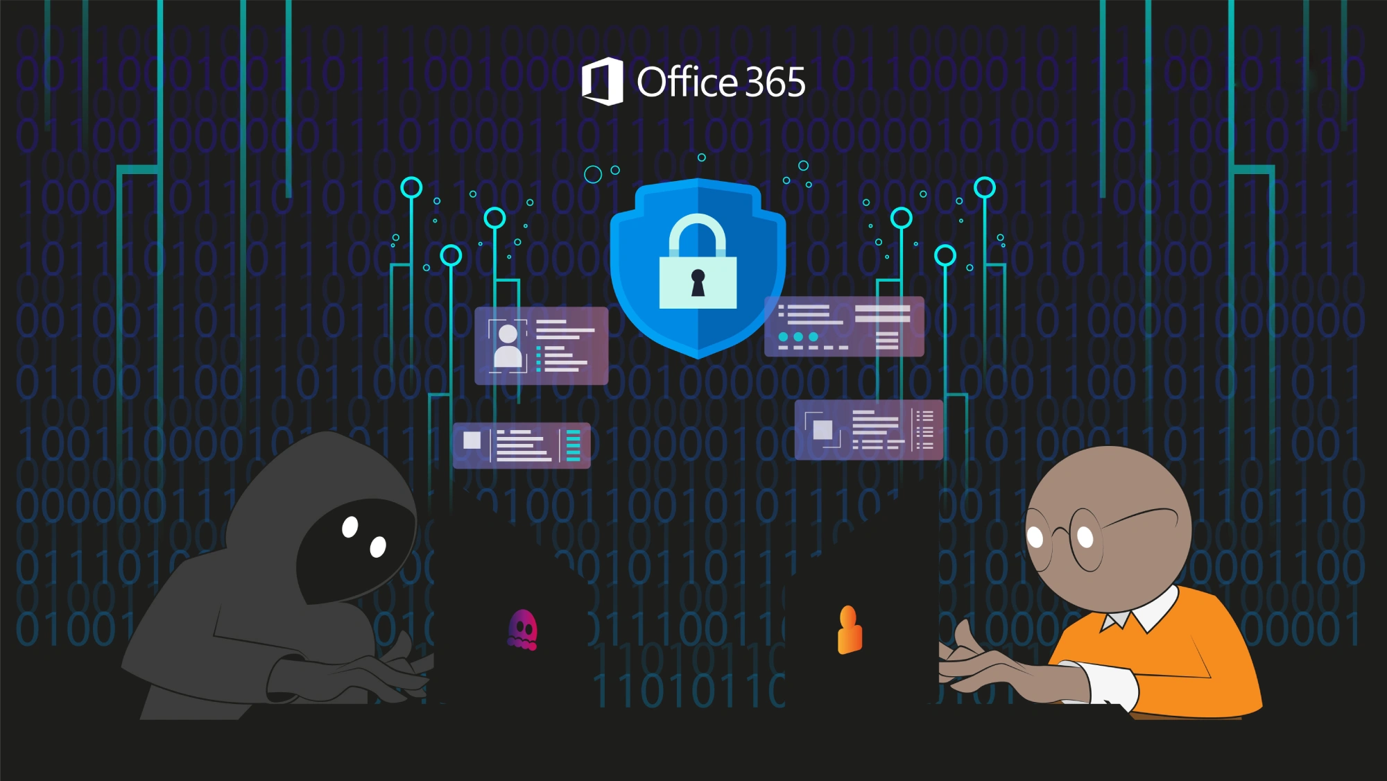 Office 365 security illustration with a shield and padlock, hackers in hooded outfits, and a binary/code background.