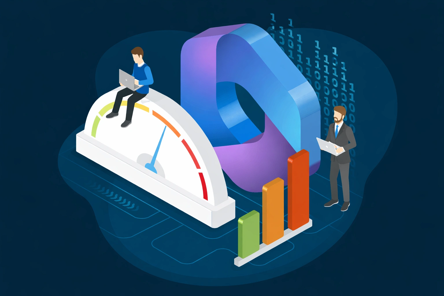 Two men with laptops stand beside a large speedometer and a 3D data loop, with a colorful bar chart representing data analytics on a dark blue background.