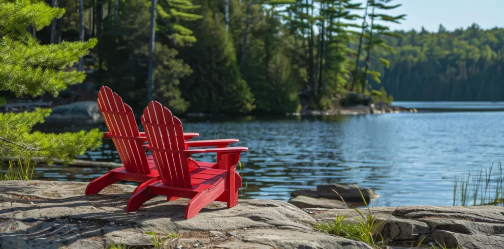 Two red Adirondack chairs sit on a rocky lakeshore facing a calm lake with a forested backdrop.