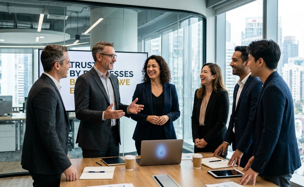 Group of six professionals in business attire stand around a conference table, smiling and discussing with a laptop and coffee cups present.