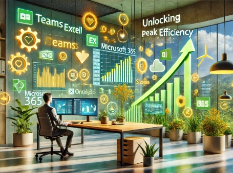 Professional seated at a desk in a modern glass-walled office, surrounded by glowing dashboards about Teams, Microsoft 365, and a rising efficiency arrow.