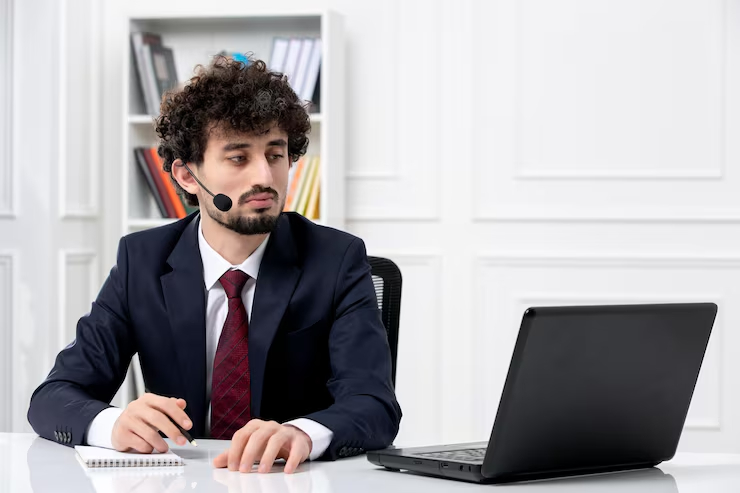 Man in a navy suit with a red tie wearing a headset, seated at a white desk with a laptop and notebook
