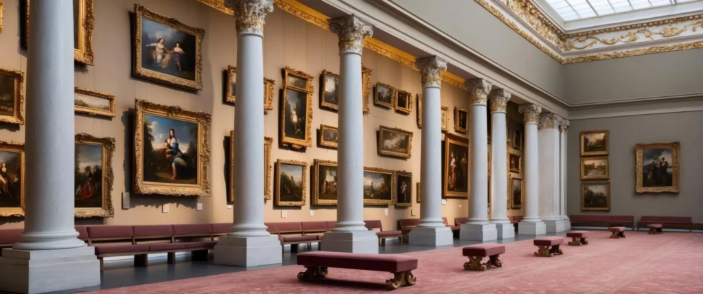 Museum gallery with tall marble columns, gold-trimmed frames, and numerous classical paintings along pink walls.