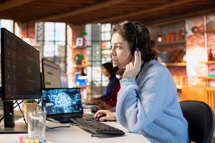 Woman with a headset seated at a desk, working on a computer with multiple monitors in a modern open-plan office.