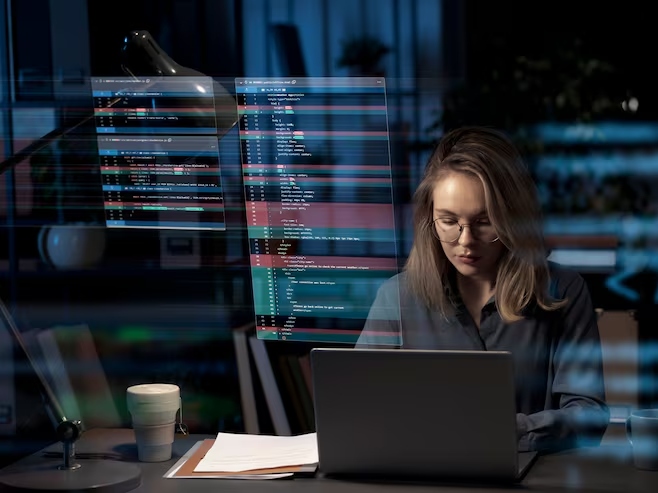 Woman coder working late at a desk, typing on a laptop with multiple glowing code-filled monitors reflected in a glass surface behind her.