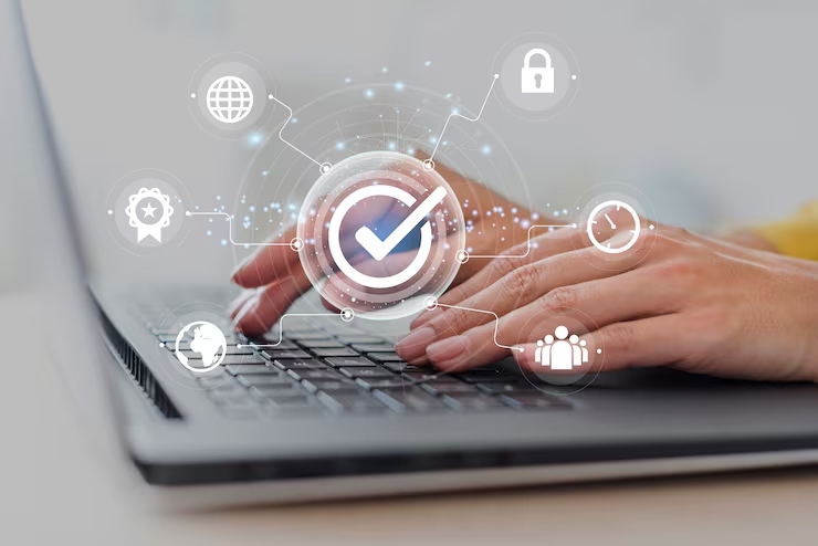 Hands typing on a laptop with a glowing checkmark and security icons around it.